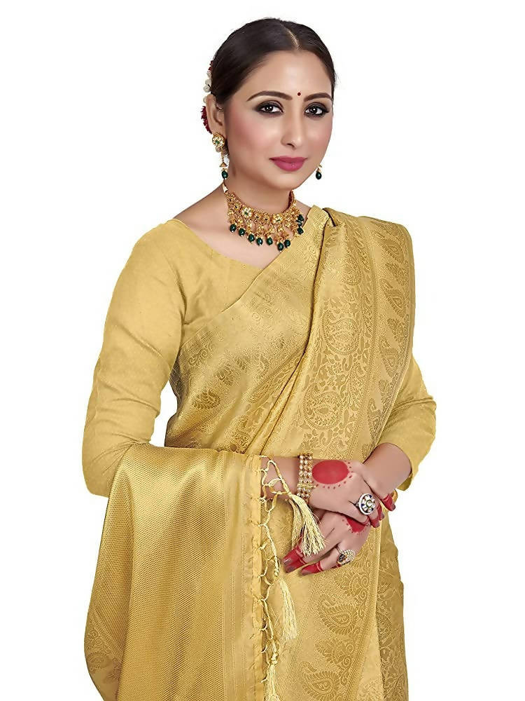 Vardha Women's Beige Color Kanchipuram Raw Silk Saree with Unstitched Blouse Piece