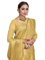 Thumbnail for Vardha Women's Beige Color Kanchipuram Raw Silk Saree with Unstitched Blouse Piece