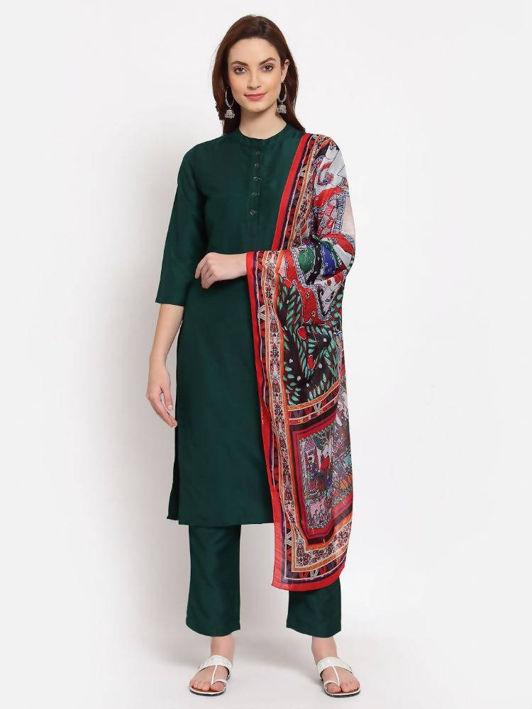 Myshka Women's Green Solid Cotton 3/4 Sleeve Mandarin Neck Casual Kurta Pant Dupatta Set
