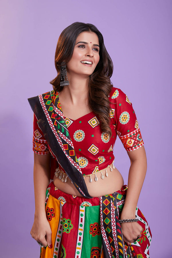 Multi Color Pure Cotton Hand Block Print Navratri Lehenga Choli with Dupatta - Raas - Distacart