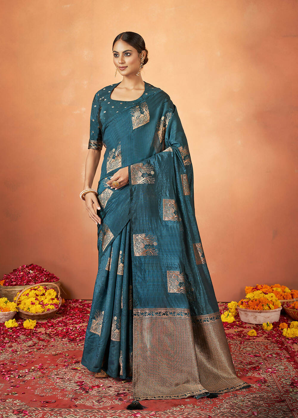 Teal Tusser Silk Woven Design Saree With Unstitched Blouse Piece - Norita Royal Pradha - Distacart