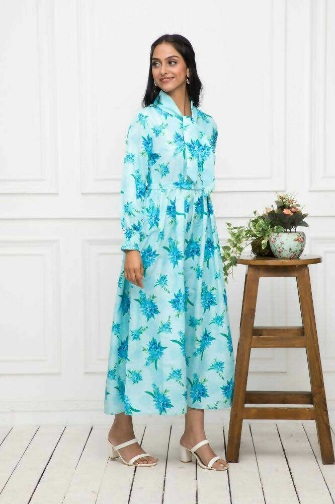 Myshka Women Blue Floral Rayon A-Line Shirt Collar Dress - Distacart