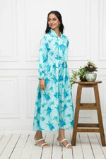 Thumbnail for Myshka Women Blue Floral Rayon A-Line Shirt Collar Dress - Distacart