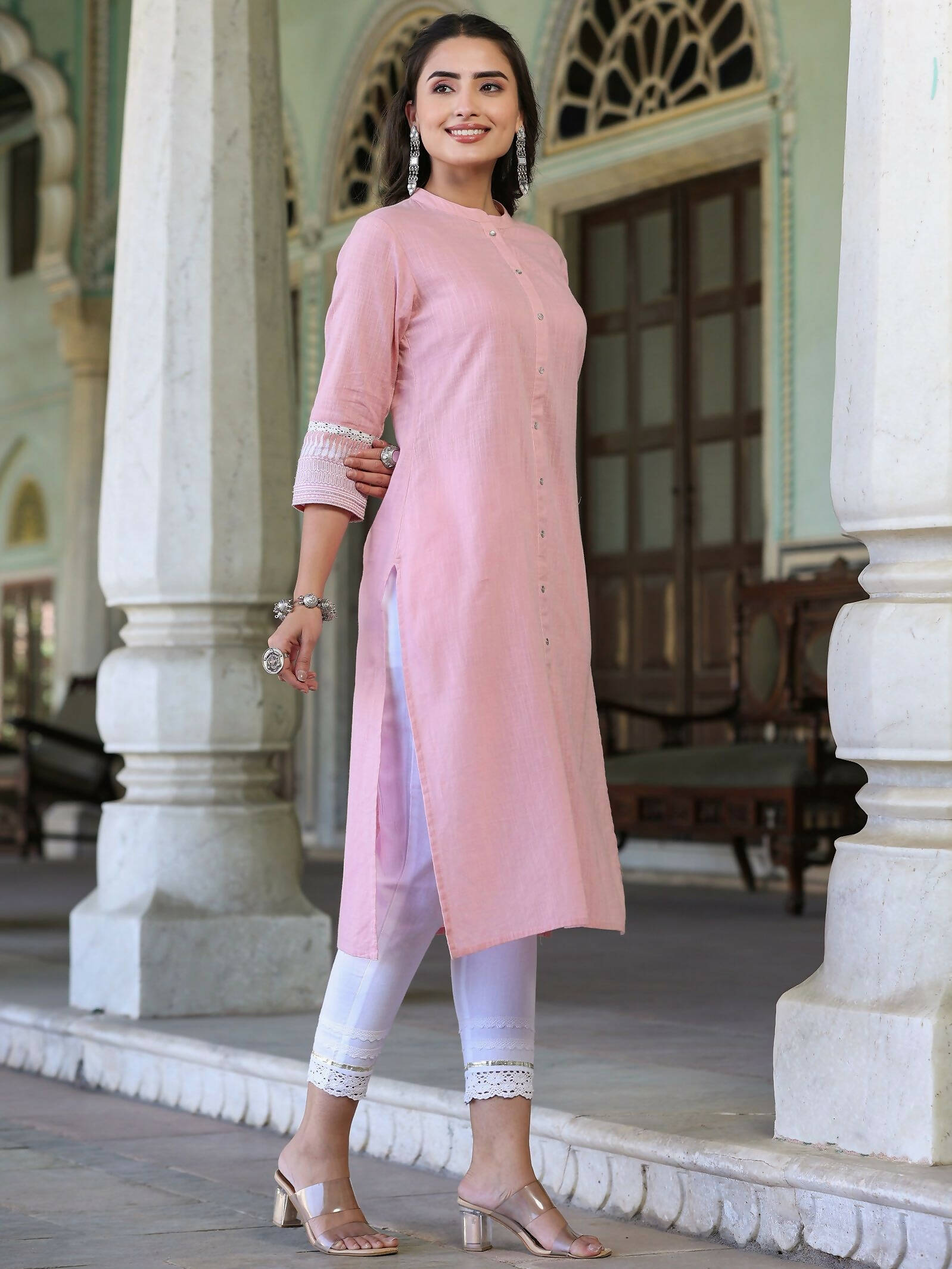 Juniper Women's Pink Cotton Slub Embroidered Straight Kurta - Distacart