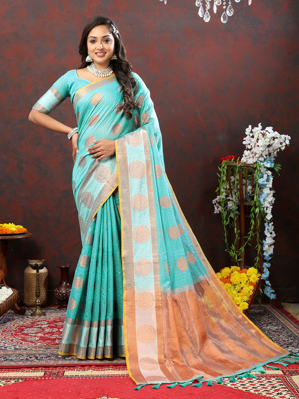Lorenvalley Fashion Skyblue Cotton with Woven Design Zari Weaving Saree - Distacart