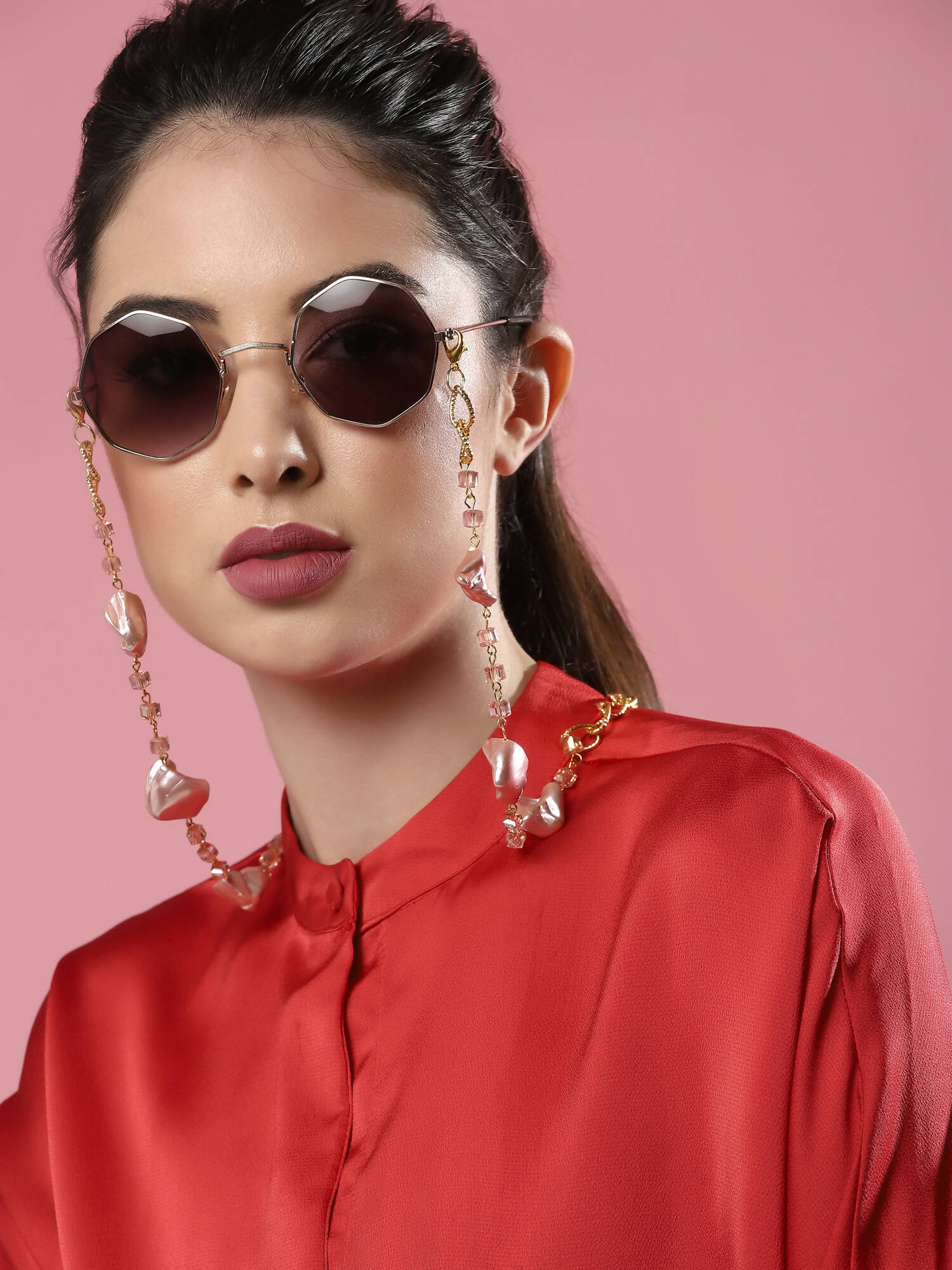 Pink Gold-Toned Embellished Mask Chain - Ruby Raang - Distacart