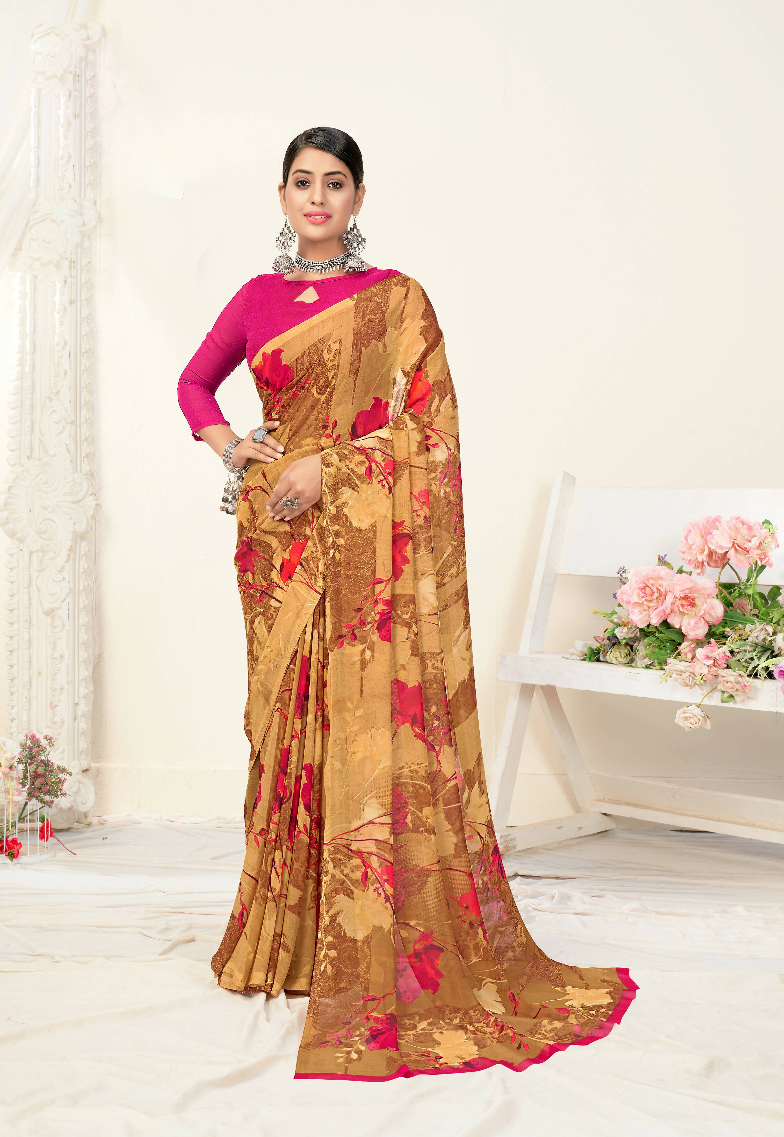Brown Georgette Floral Printed Saree With Unstitched Blouse Piece - Jyoti - Distacart