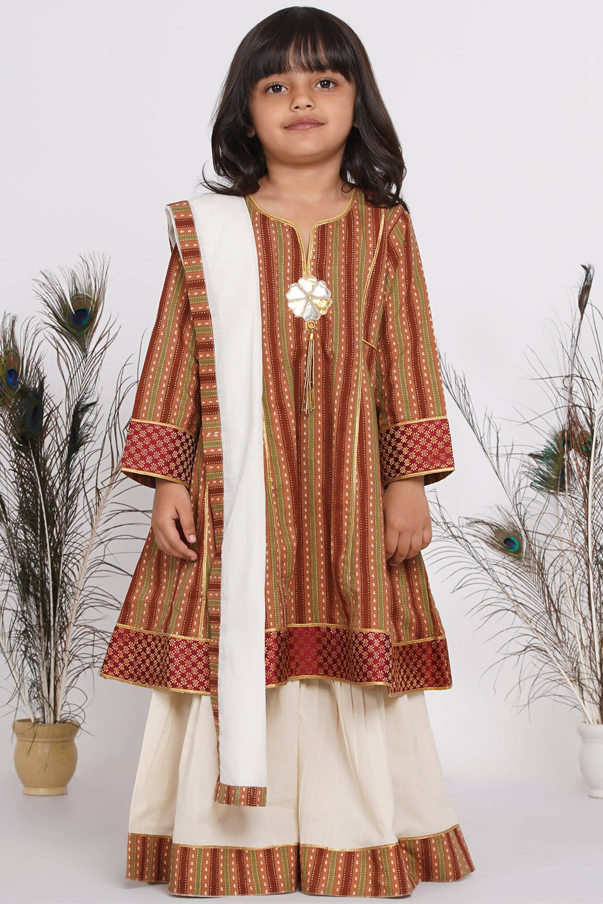 Little Bansi Cotton Kurta frock with Sharara & Dupatta - Brown & Cream - Distacart