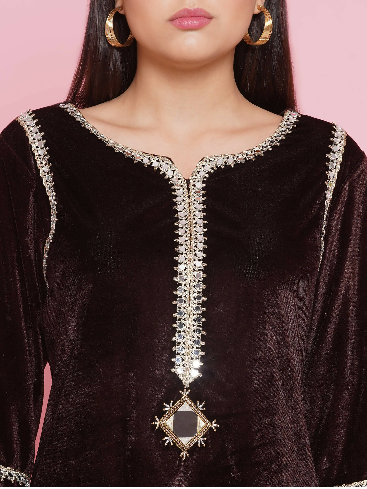 Women Republic Brown Velvet Embellished Co-Ord Set - Distacart