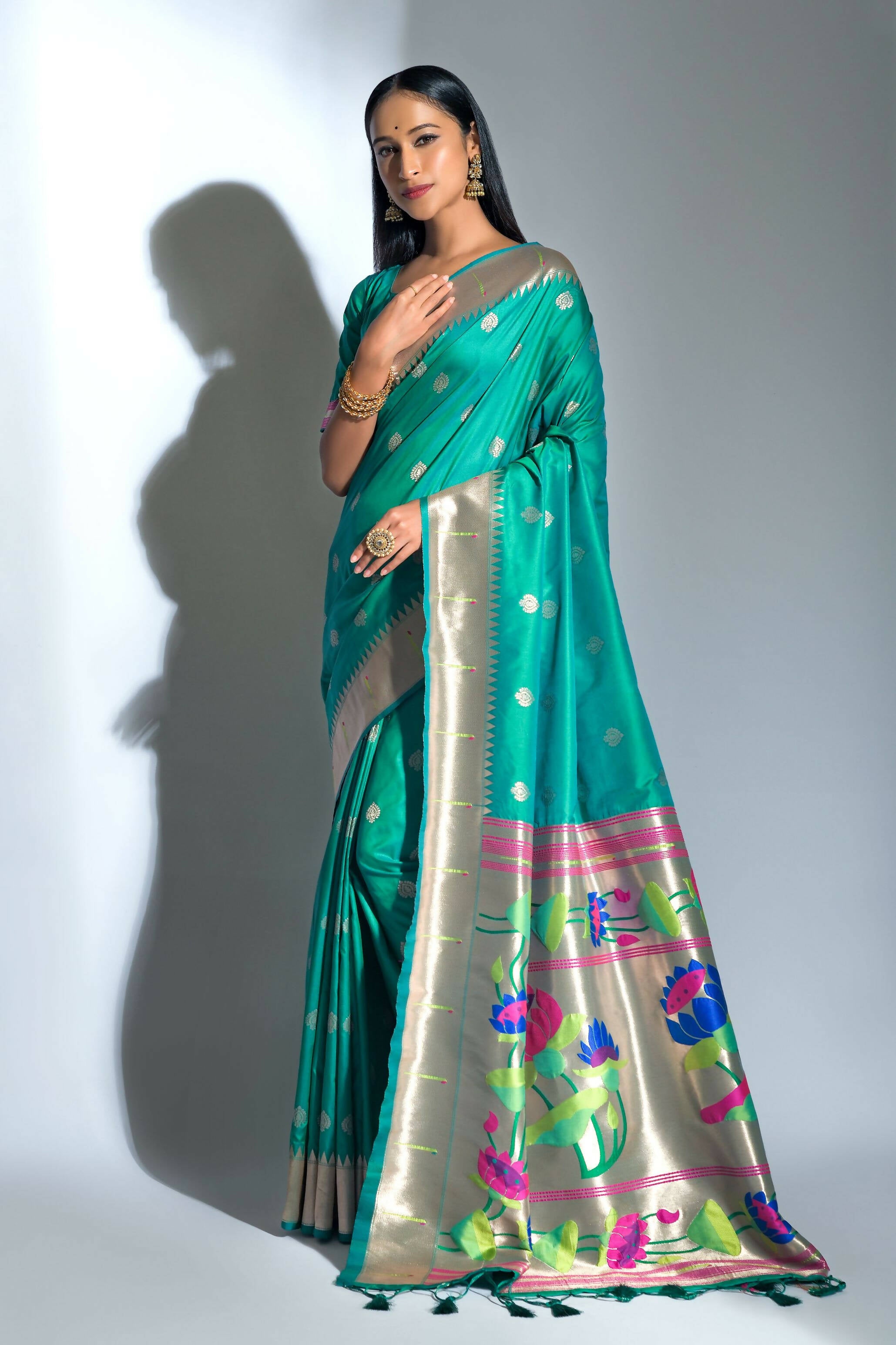 Vishnu Weaves Women's Teal Paithani Silk Zari Woven Saree with Unstitched Blouse - Distacart