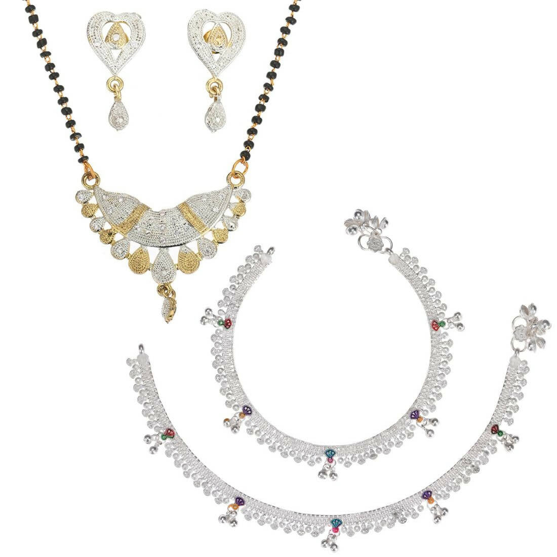 AanyaCentric Gold-plated Mangalsutra Pendant Earring Set & Silver Plated Anklet - Distacart