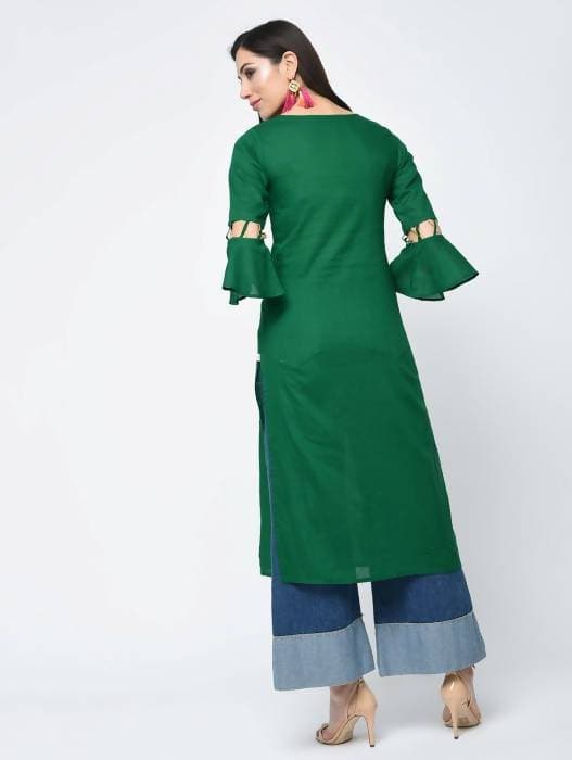 Aniyah Cotton Criss Cross Bell Sleeves Straight Thick Green Kurta (AN-101K)