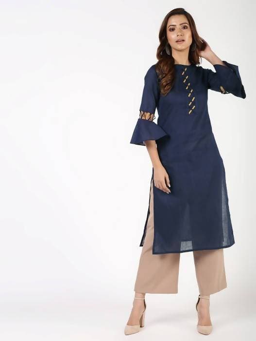 Aniyah Cotton Criss Cross Bell Sleeves Navy Blue Straight Kurta (AN-145K)