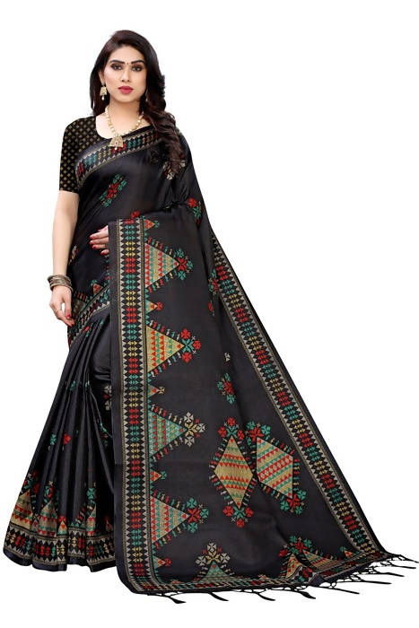 Vamika Black Kalamkari Print With Jhalar Khadi Silk Saree (KITE BLACK)