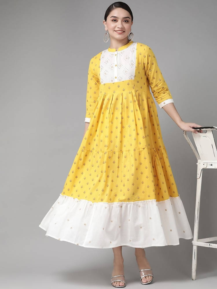 Yufta Women Yellow & White Cotton Embellished Ethnic Motifs Print Tiered Maxi Dress
