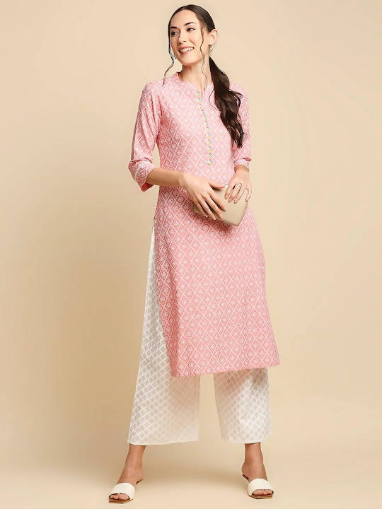 Anubhutee Peach-Coloured & White Khari Printed Straight Kurta - Distacart