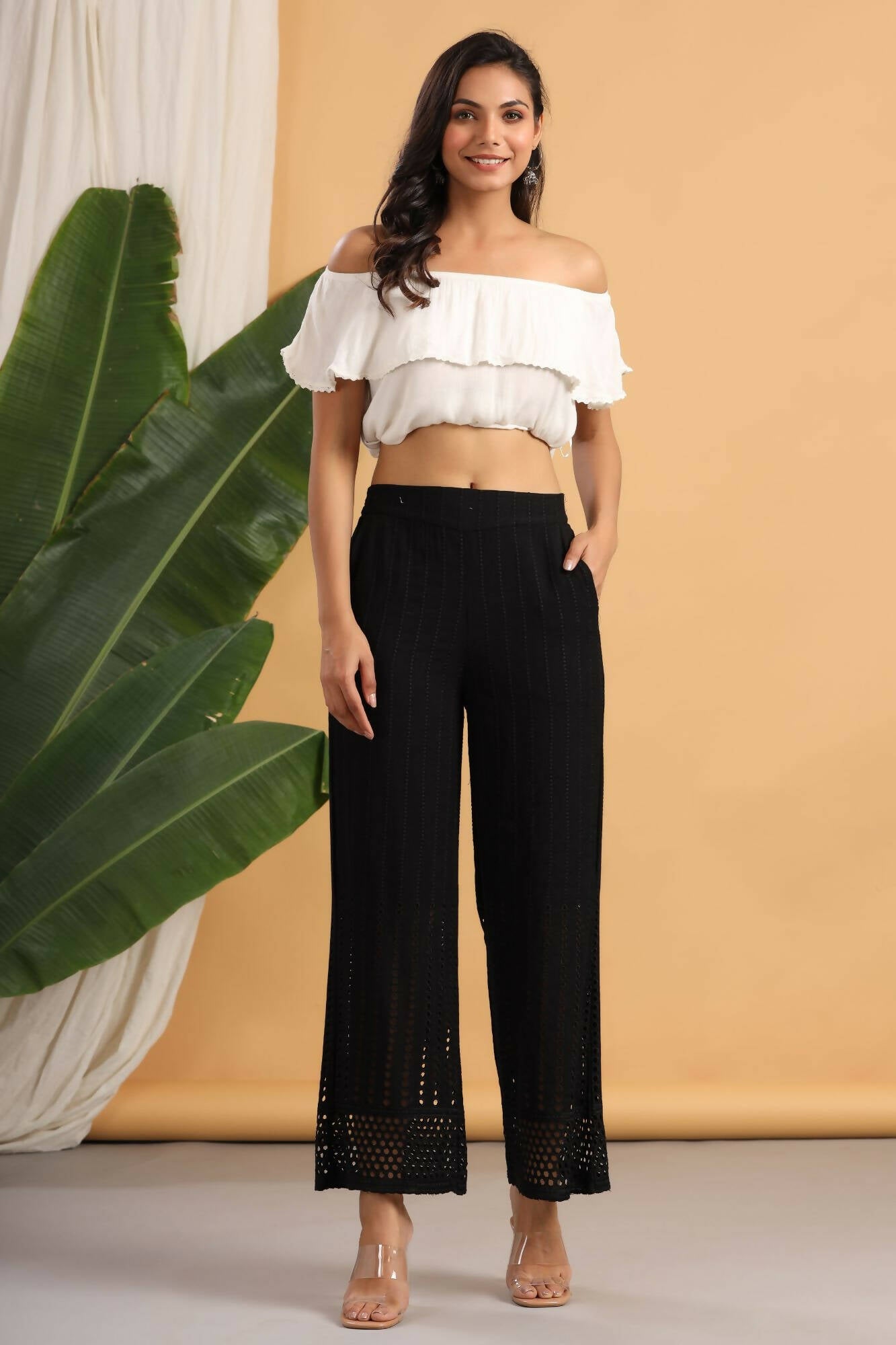 Juniper Women Black Rayon Woven Design Flared Palazzo - Distacart