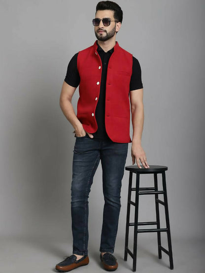 Even Apparels Nehru Jacket With Welt Pockets - Red - Distacart