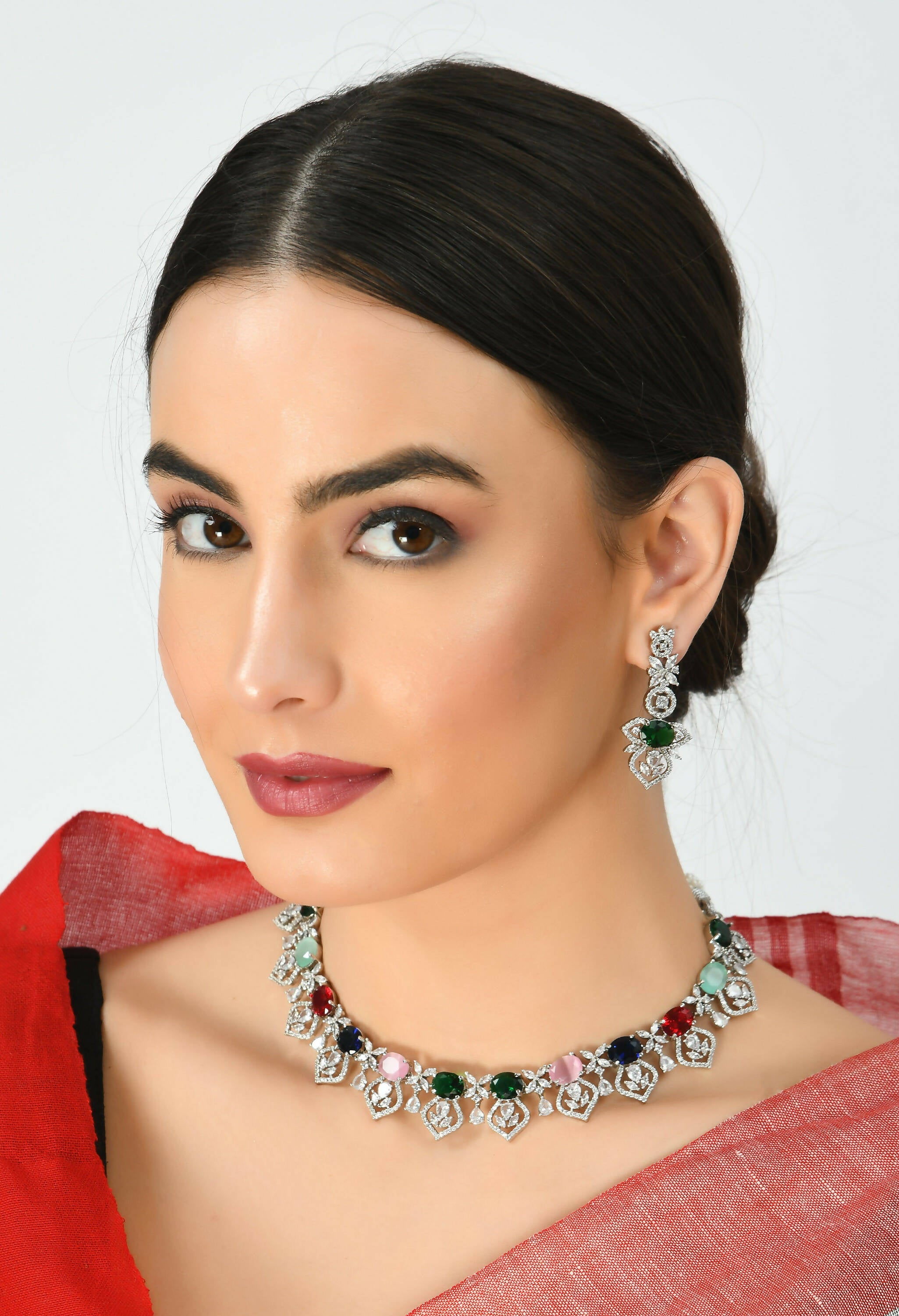 Mominos Fashion Johar Kamal Silver-Plated American Diamond Multi Colour Choker Set - Distacart