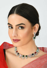 Thumbnail for Mominos Fashion Johar Kamal Silver-Plated American Diamond Multi Colour Choker Set - Distacart