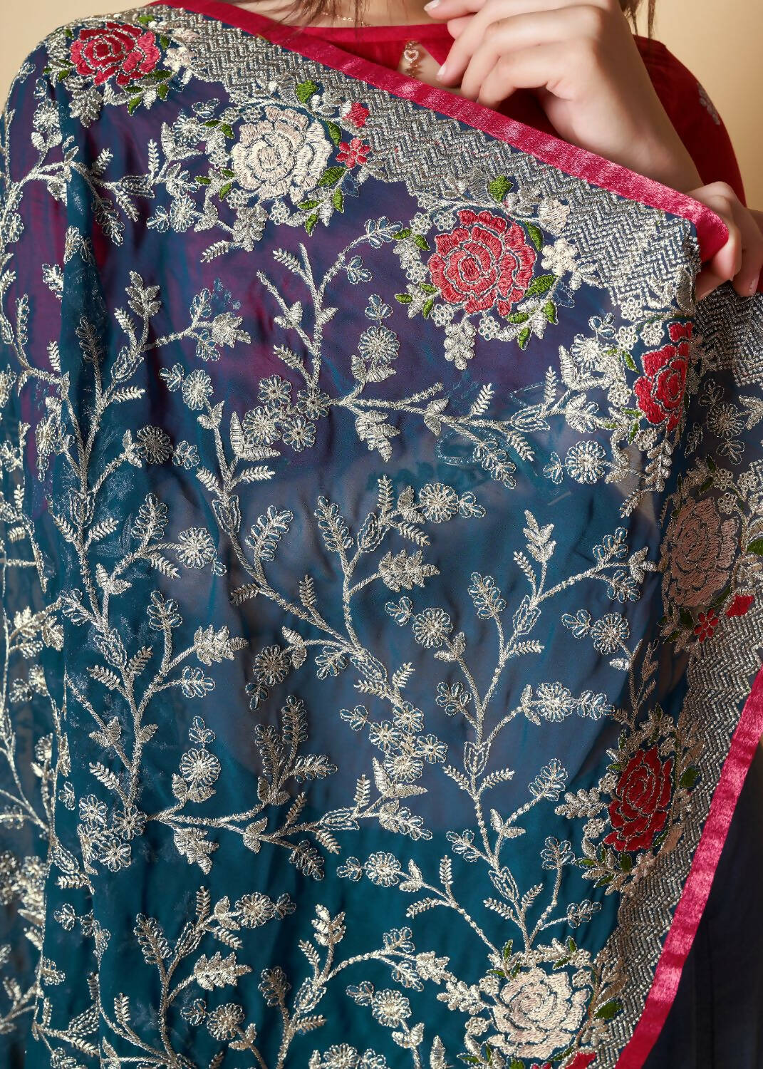 Vastrasky Teal Organza Saree - Distacart