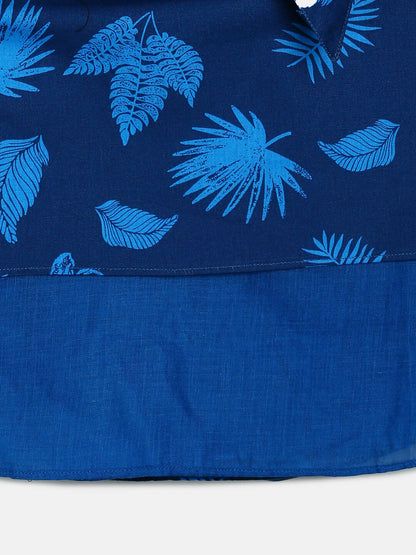 Manet Cotton Frill Bow Frock Leaf Printed - Blue - Distacart