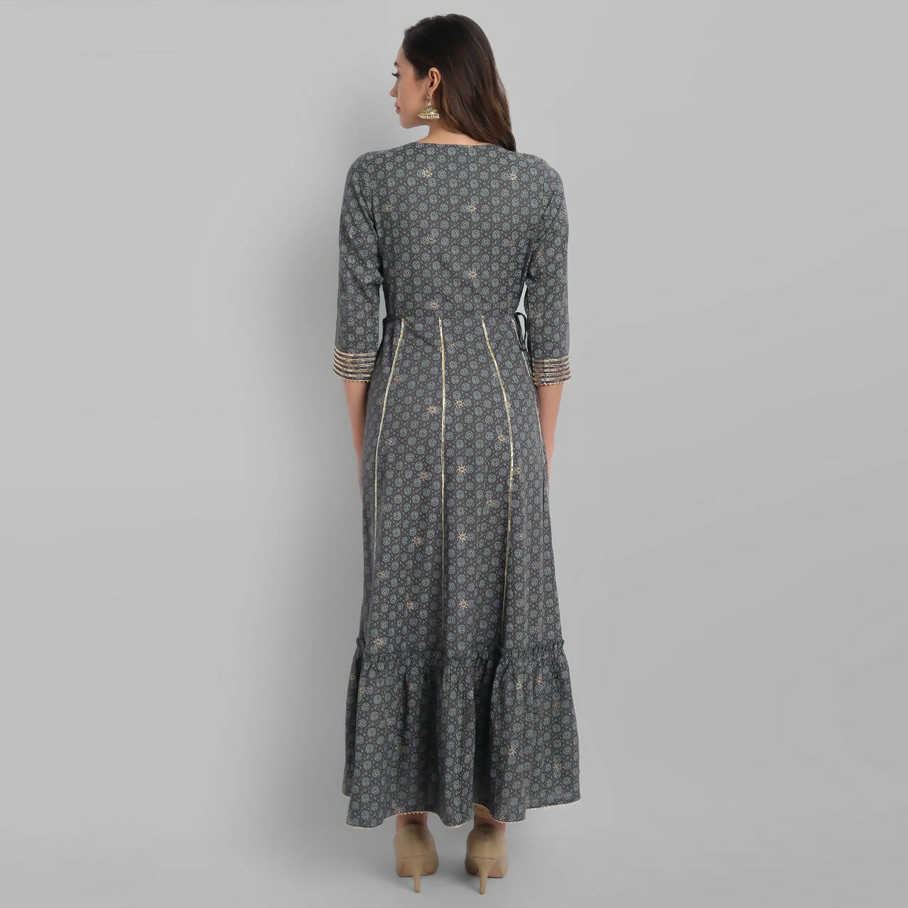 Juniper Grey Rayon Festive Wear Embroidered Tiered Long Dress - Distacart