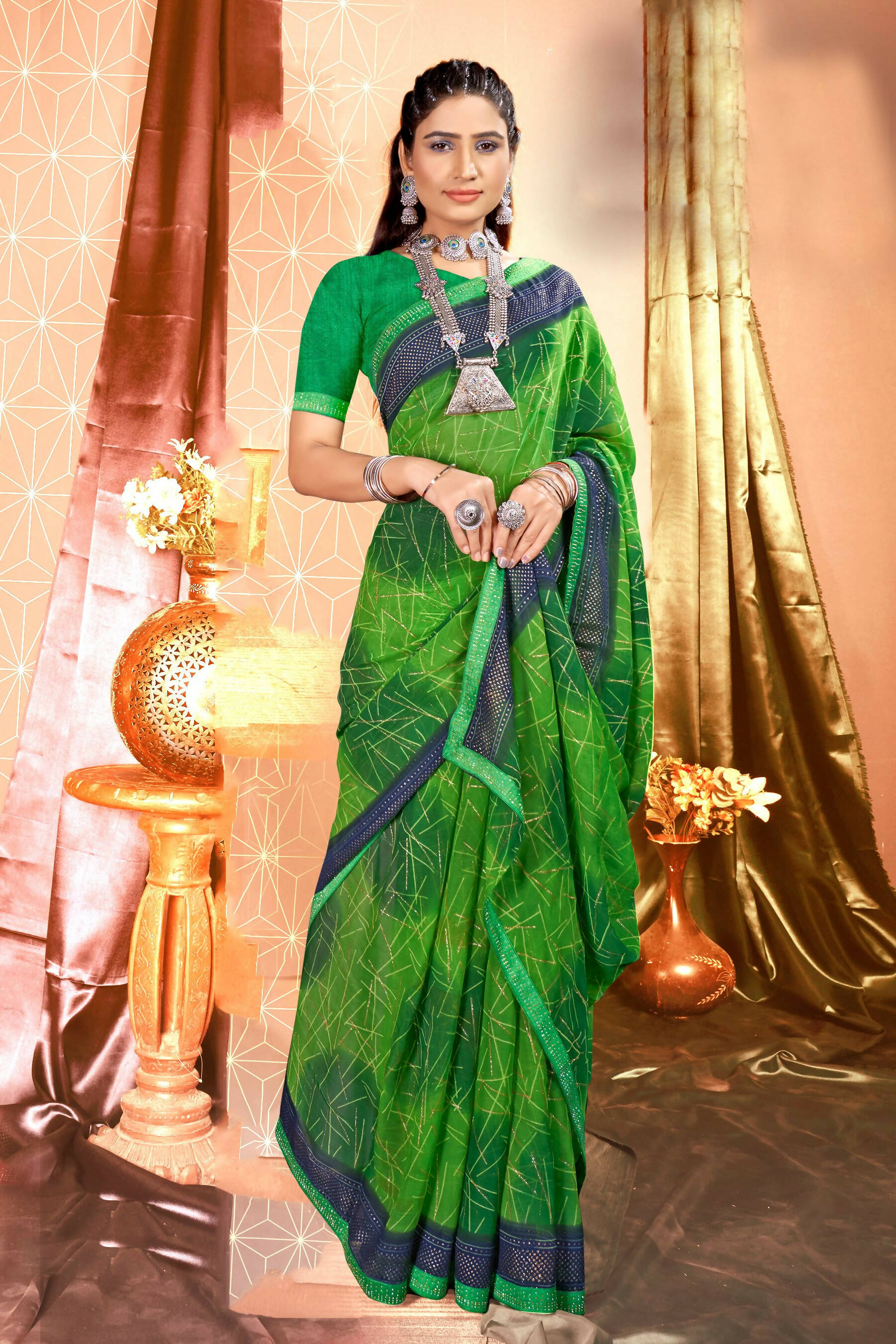 Green Chiffon Abstract Printed Saree With Unstitched Blouse Piece - Rajal - Distacart