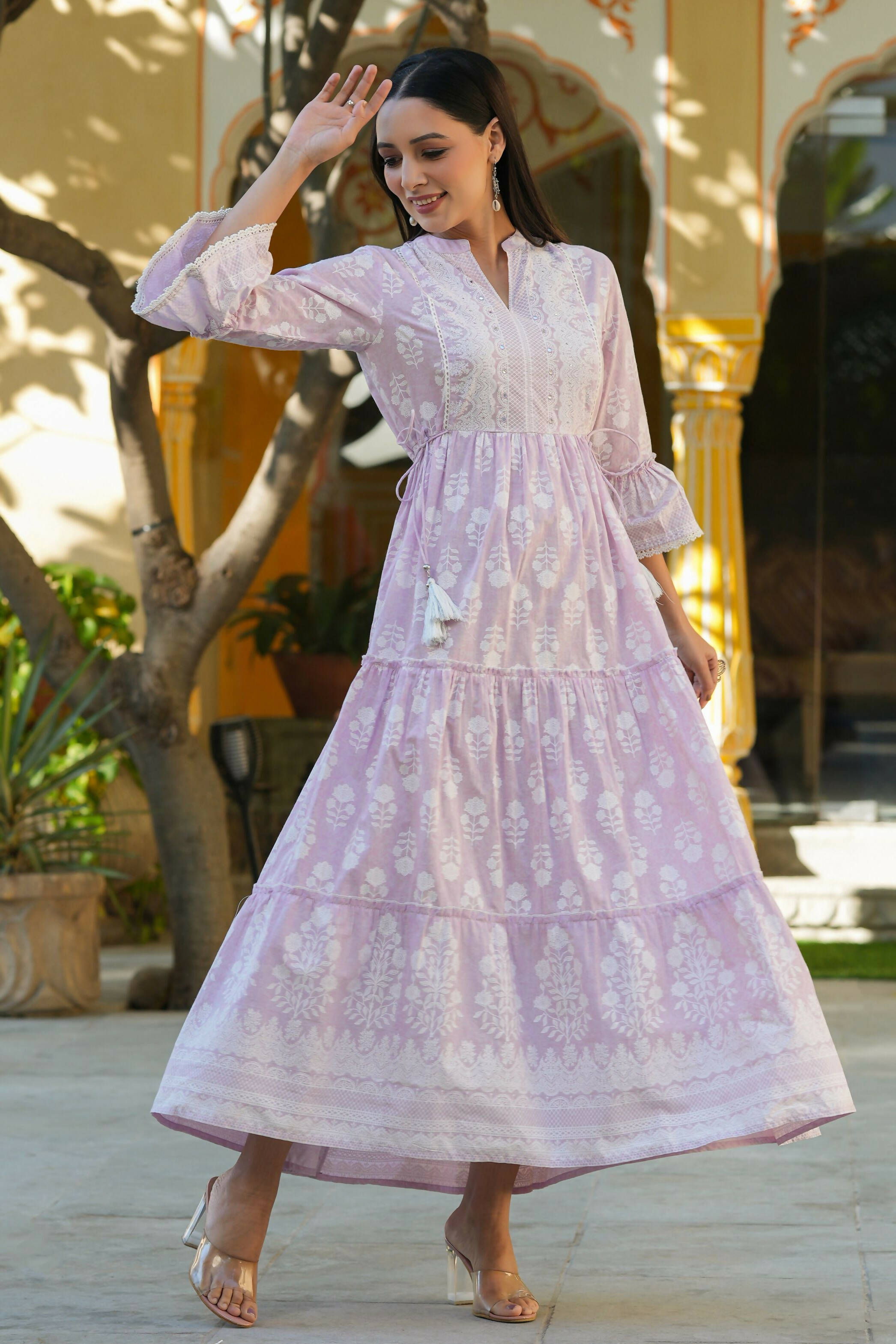 Juniper Women's Lavender Cambric Floral Printed Maxi Tiered Dress - Distacart