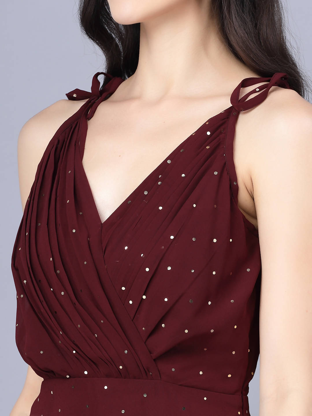 Myshka Georgette Solid Sleeveless Shoulder Straps Maroon Women Dress - Distacart