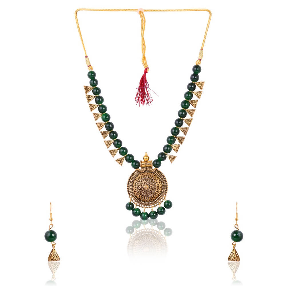 Tehzeeb Creations Golden Plated Necklace And Earrings With Green Pearls