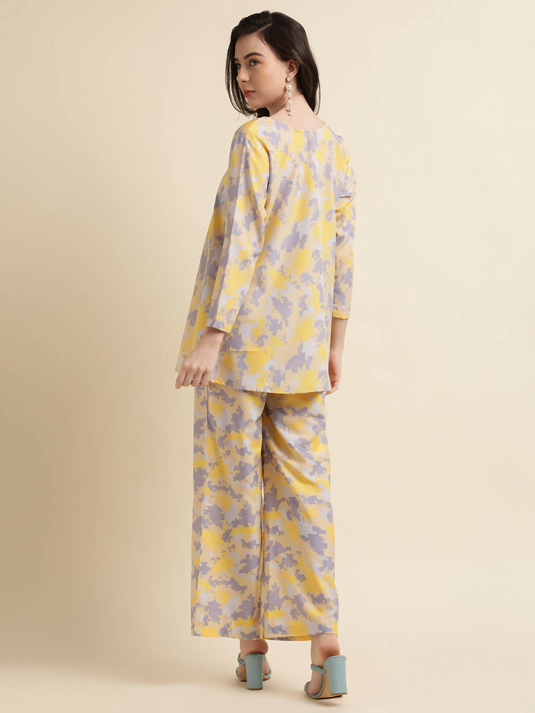 Yellow & Grey Poly Crepe Digital Printed Top with Matching Bottom - Preeti - Distacart