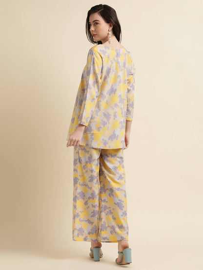 Yellow & Grey Poly Crepe Digital Printed Top with Matching Bottom - Preeti - Distacart