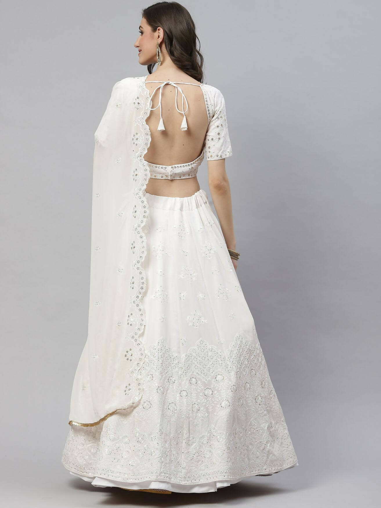 White Georgette Thread with Sequins Embroidered work Lehenga Choli with Dupatta - Jivika - Distacart