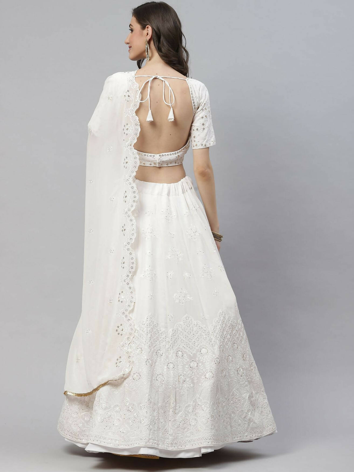 White Georgette Thread with Sequins Embroidered work Lehenga Choli with Dupatta - Jivika - Distacart