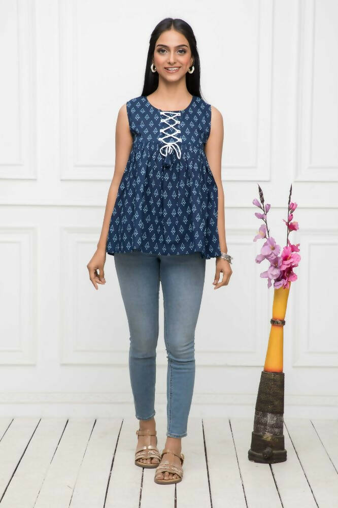 Myshka Women Blue Solid Round Neck Regular Sleeves Pure Cotton Top - Distacart