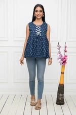 Thumbnail for Myshka Women Blue Solid Round Neck Regular Sleeves Pure Cotton Top - Distacart
