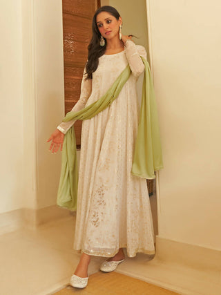 Janasya Women's White Chiffon Lurex Foil Printed Festive Anarkali Kurta Set - Distacart