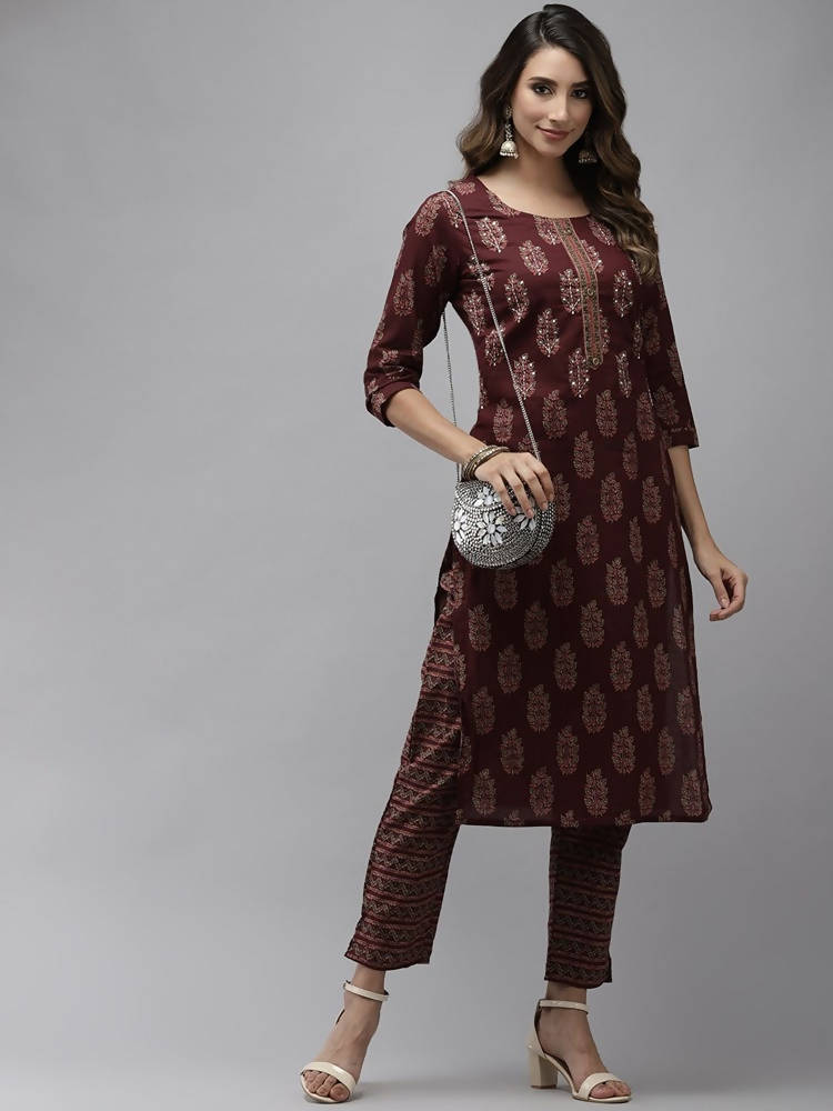 Yufta Women Maroon Ethnic Motifs Regular Sequinned Pure Cotton Kurta with Trouser