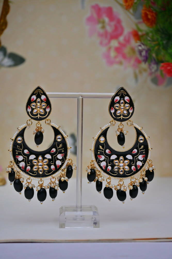 Gold Plated Brass & Pearl Dangle Women Black Hand Painted Meenakari Chandbali Earrings By House of Ree - Distacart