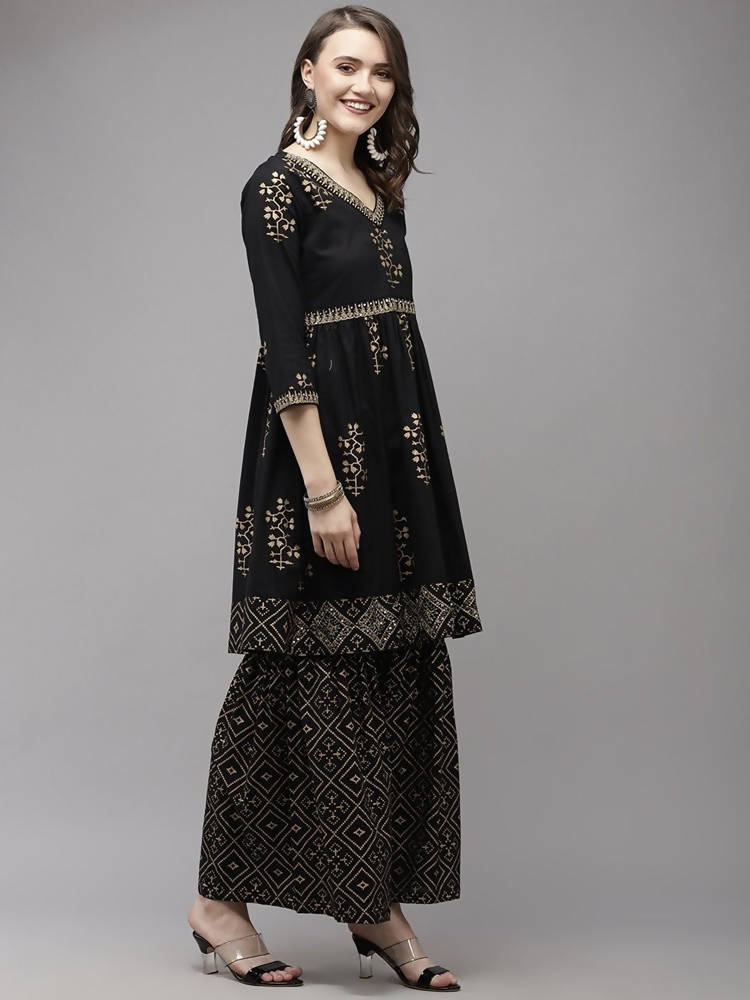 Yufta Women Black Printed Kurta with Sharara & With Dupatta