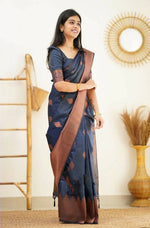 Thumbnail for DEIANA'S Beautiful Golden Jari with New Design Soft Lichi Silk Saree - Navy Blue - Distacart