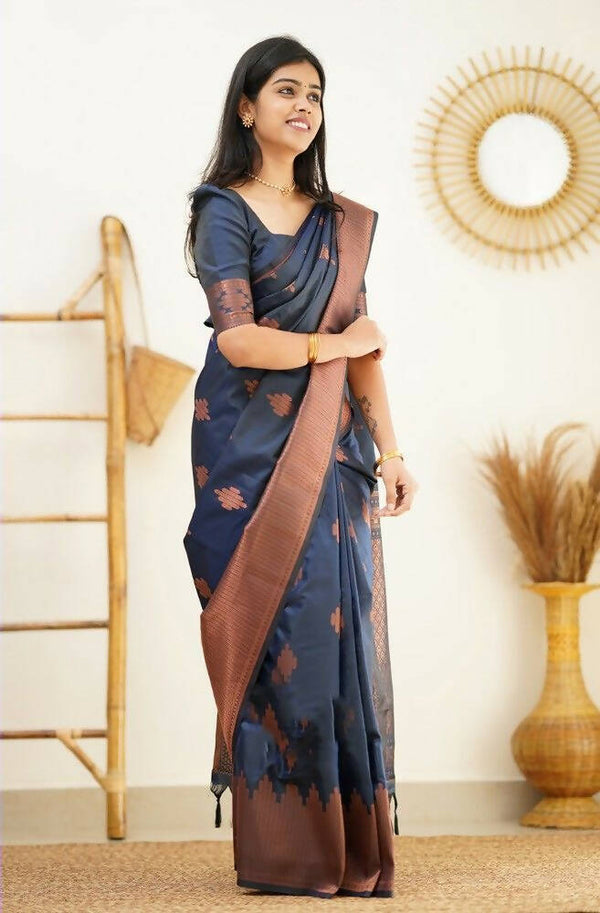 DEIANA'S Beautiful Golden Jari with New Design Soft Lichi Silk Saree - Navy Blue - Distacart