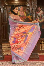 Thumbnail for Very Much Indian Handloom Pure Cotton Paithani Peacock Pallu-Dual Tone Blue Pink - Distacart