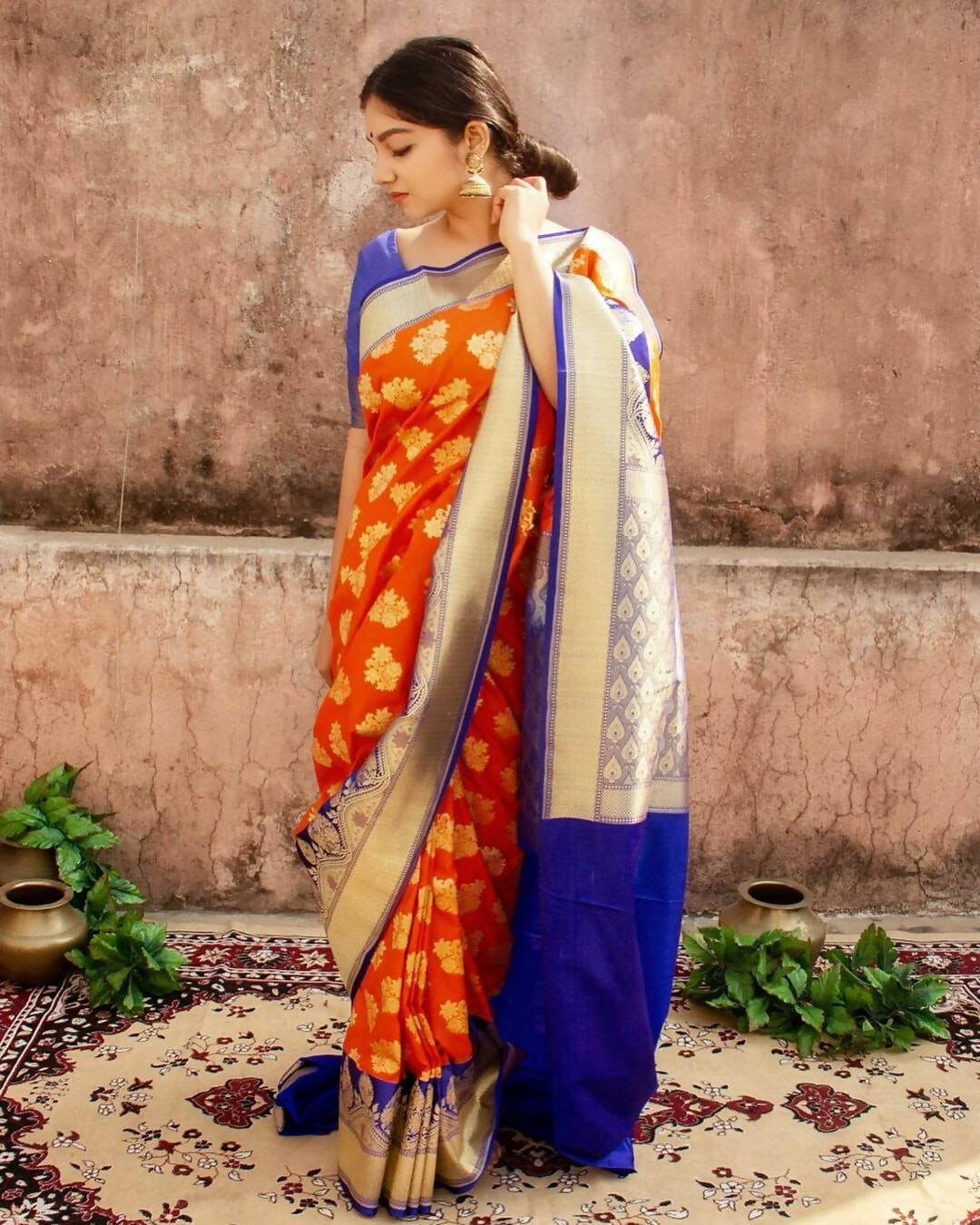 DEIANA'S Beautiful Golden Jari with New Design Soft Lichi Silk Saree - Orange - Distacart