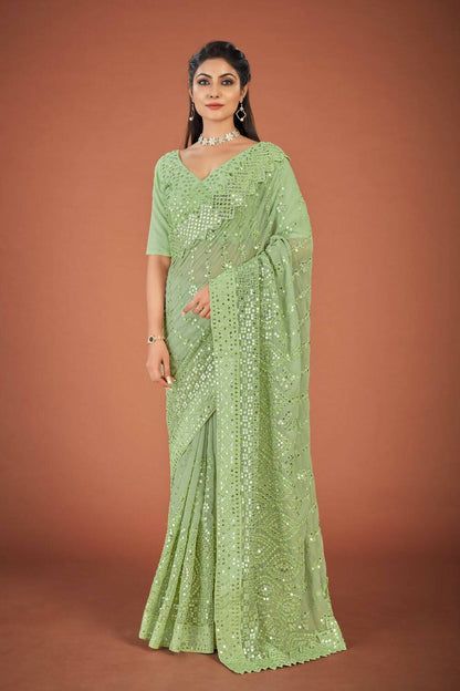 Vastrasky Green Georgette Designer Saree - Distacart