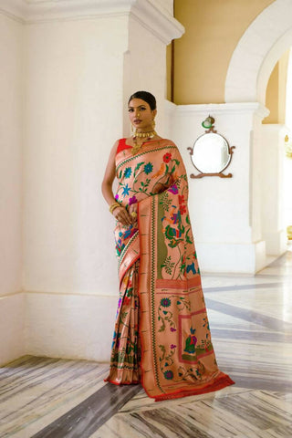 Vishnu Weaves Women's Red Paithani Silk Zari Woven Saree with Unstitched Blouse - Distacart