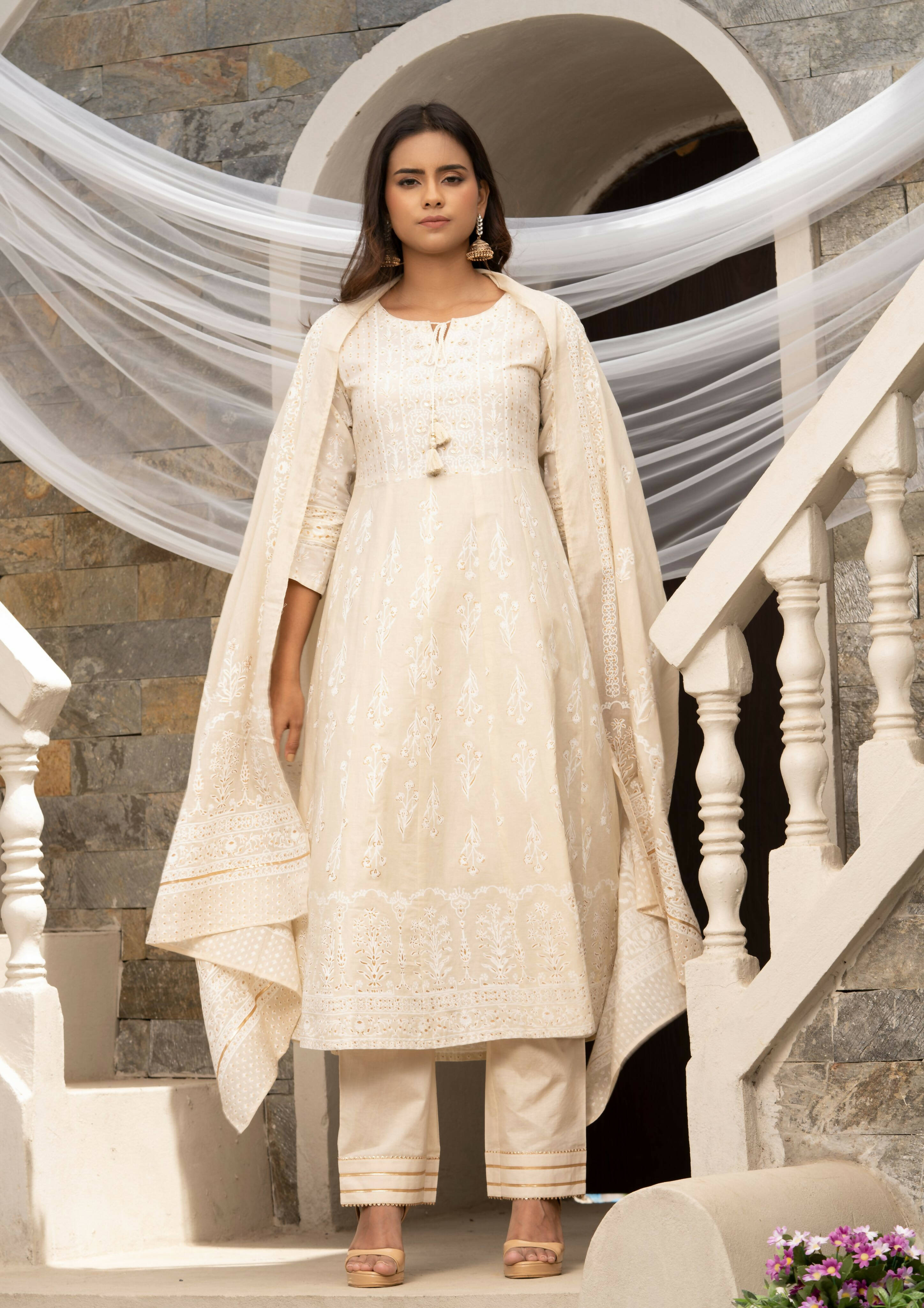 Off White Cotton Cambric Printed with Sequins work Anarkali Kurta with Pant & Dupatta - Akashara - Distacart