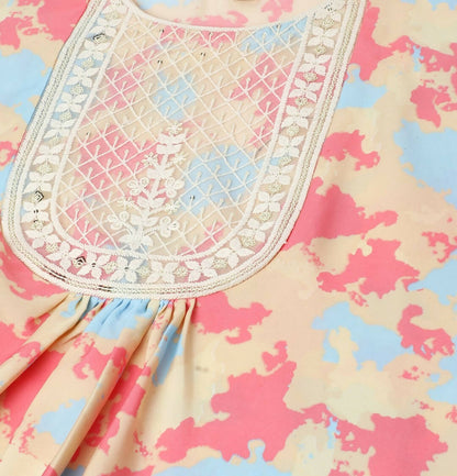Beige & Pink Poly Crepe Digital Printed Top with Matching Bottom - Preeti - Distacart
