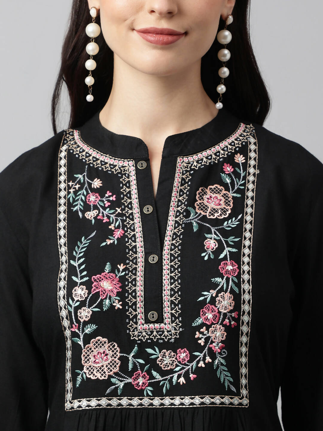 Black Rayon Yoke Embroidered A-line Top - Tarini - Distacart